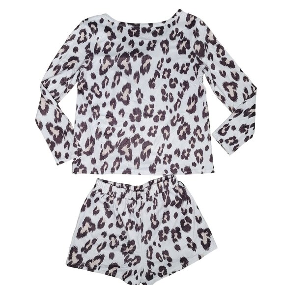 Women's Leopard Print Pajama Set - V-Neck Long Sleeve Top & Drawstring Shorts S - Picture 4 of 8